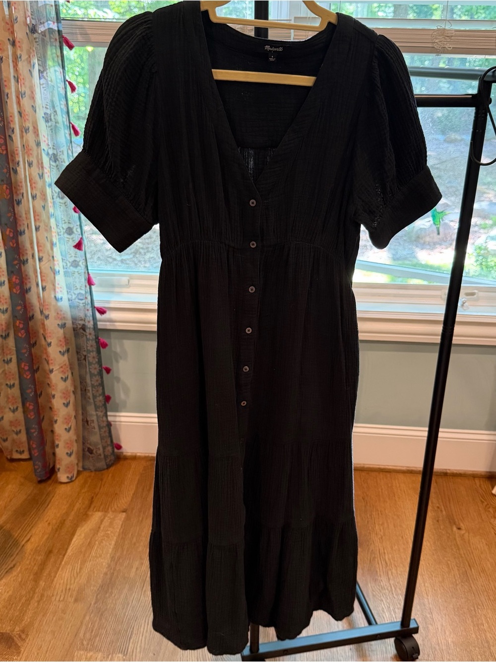 Madewell Black Lightspun Tiered Button Front Midi Dress Size 4 Cotton
